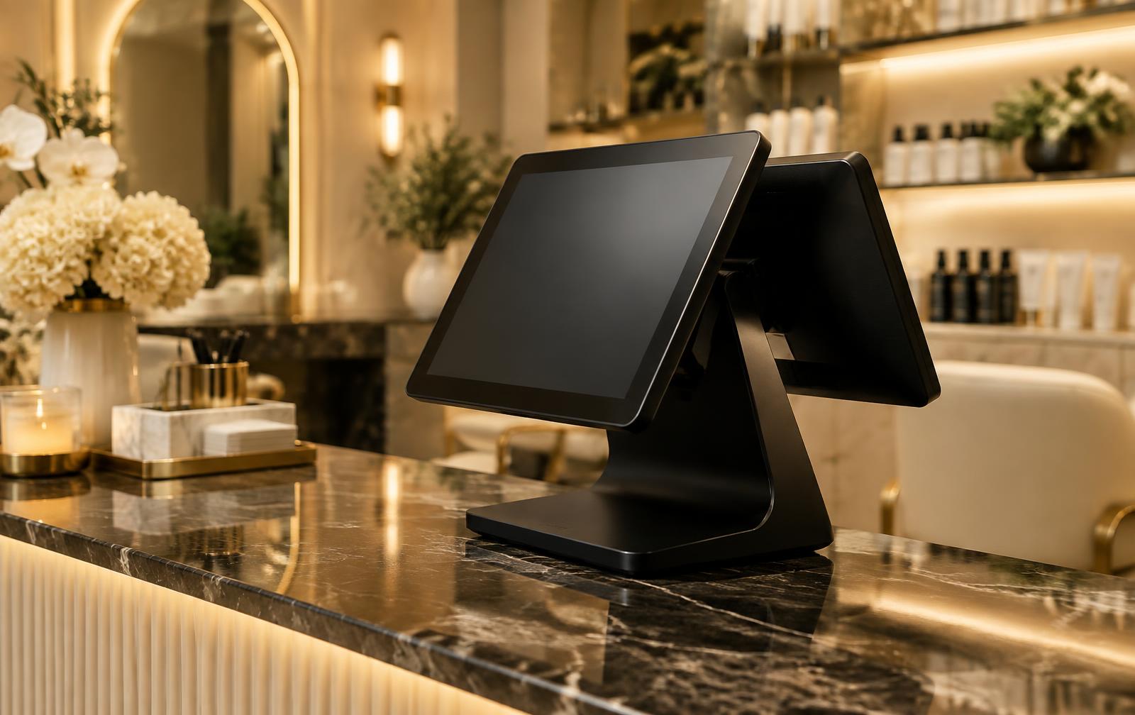 Dual-screen POS on a marble salon counter